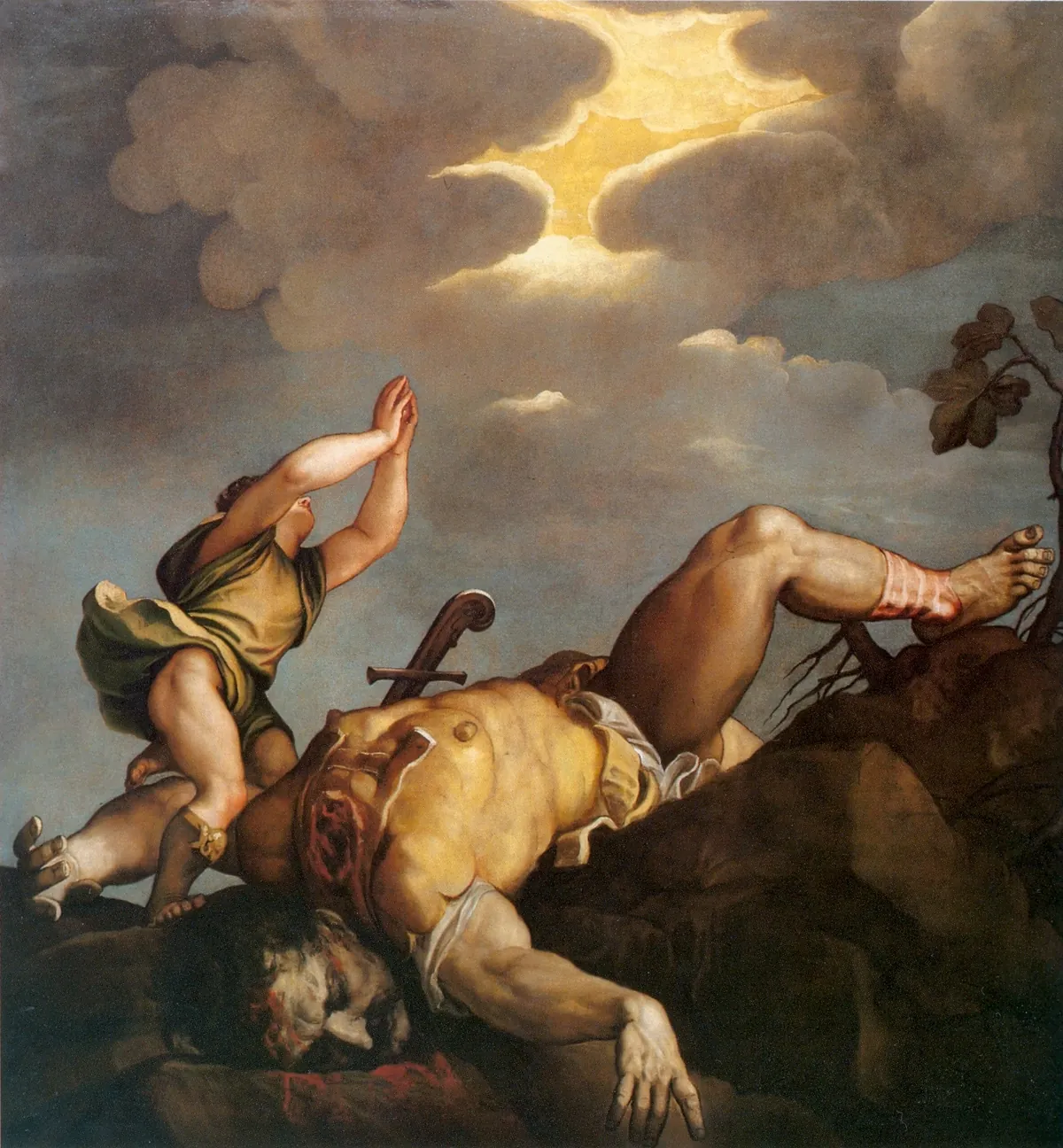 Titian, David and Goliath, a foreshortened view of David kneeling over the sprawled body of the giant