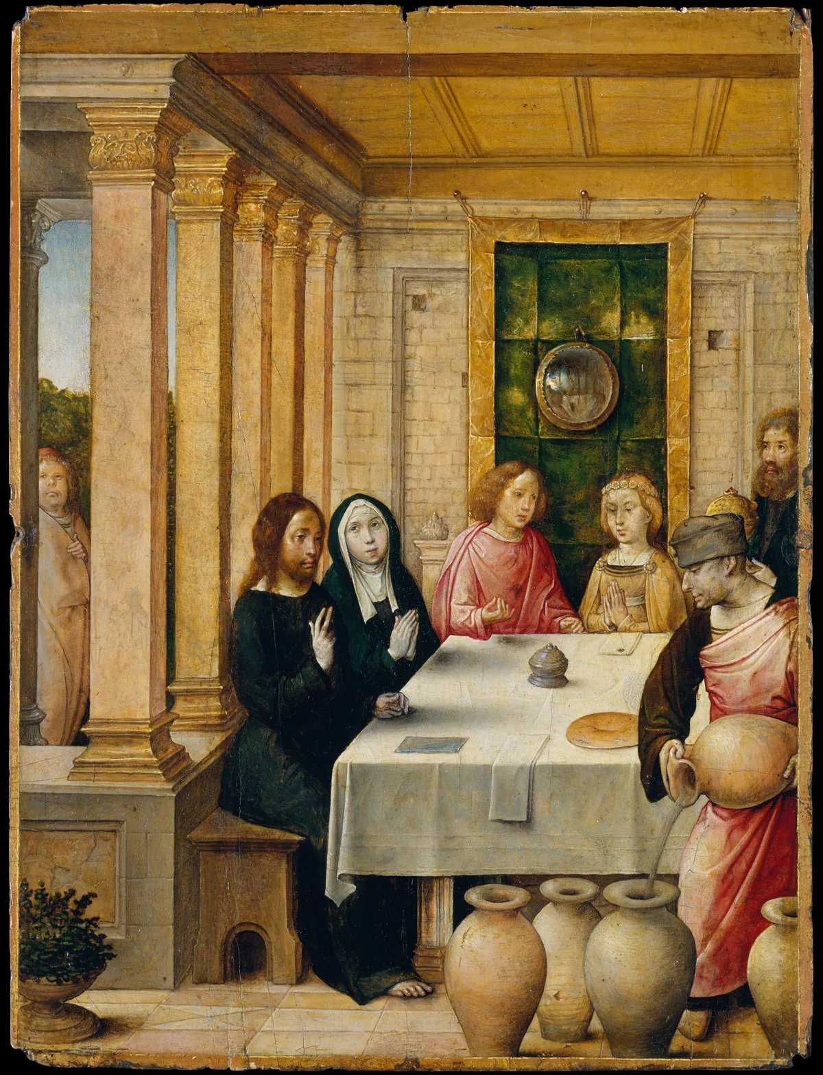 Juan de Flandes, The Marriage Feast at Cana, Christ and the Virgin at a quiet table with the six stone jars