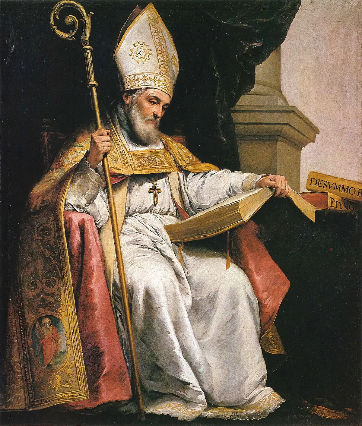 Murillo's Saint Isidore of Seville seated in bishop's vestments with a book open on his knee, quill in hand