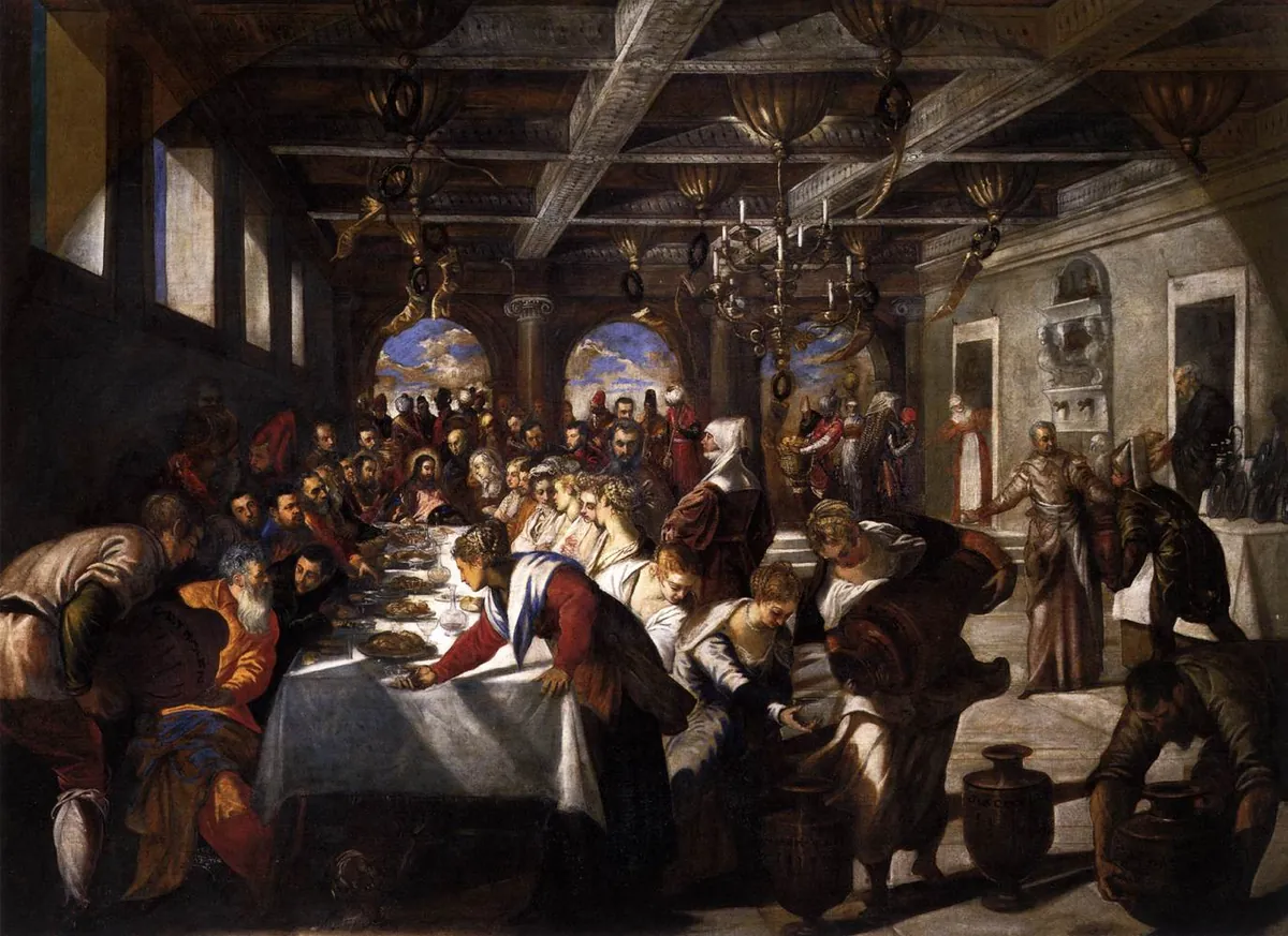 Tintoretto, The Marriage at Cana, a long table plunging into deep perspective with servants pouring wine