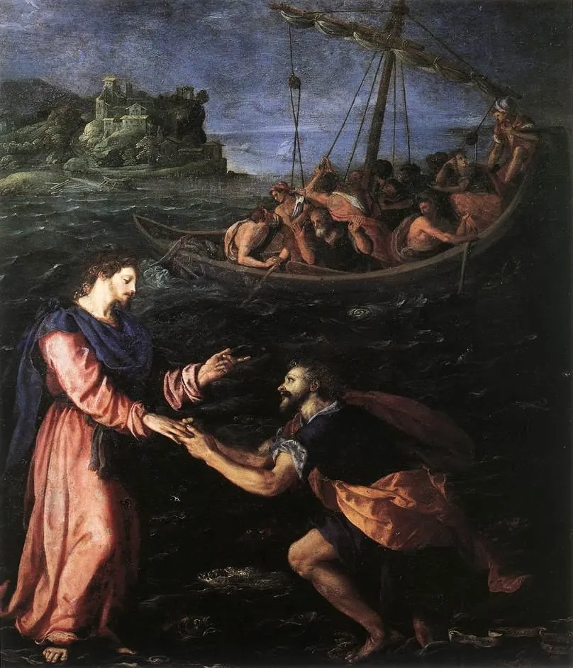Alessandro Allori, Saint Peter Walking on the Water, Christ reaching down to lift Peter from the sea beside the disciples' boat