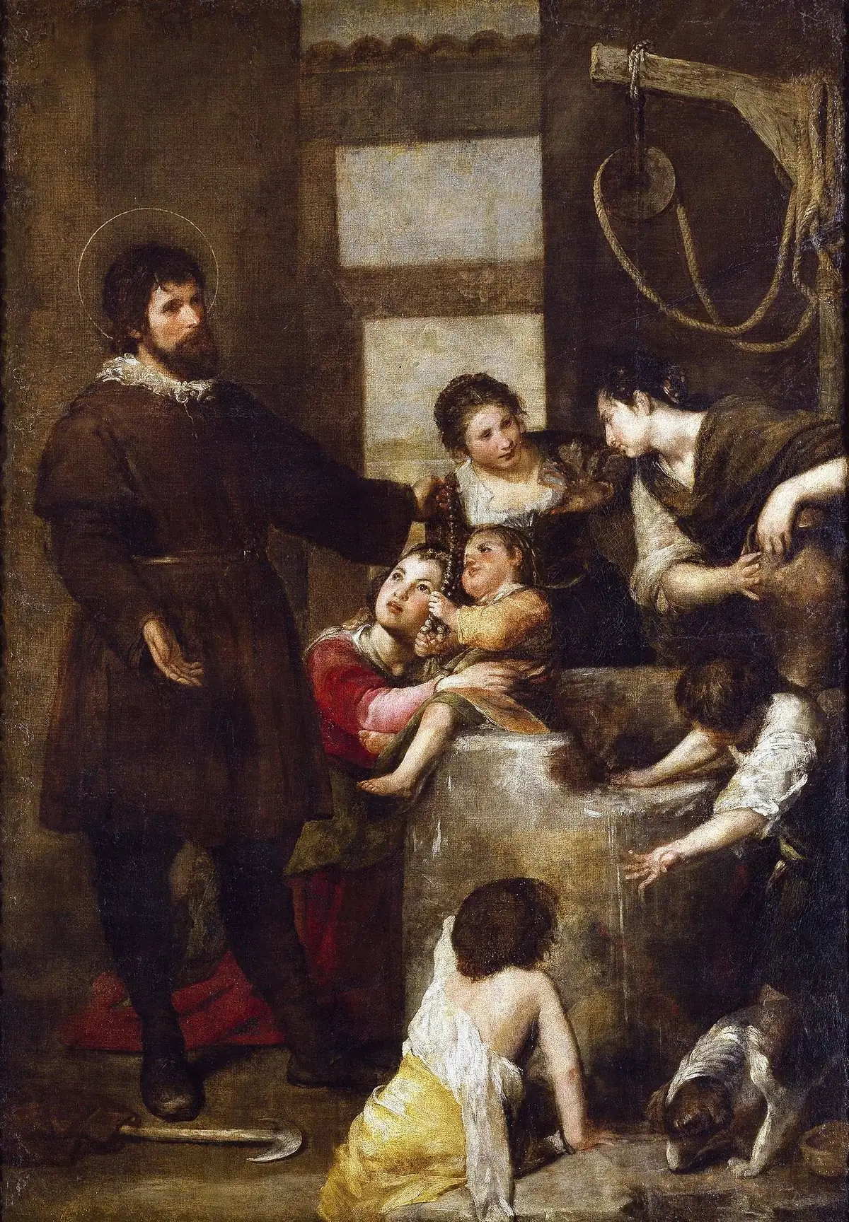Alonso Cano's Miracle of the Well, Saint Isidore the Laborer kneeling as the water rises and his drowned son is lifted out