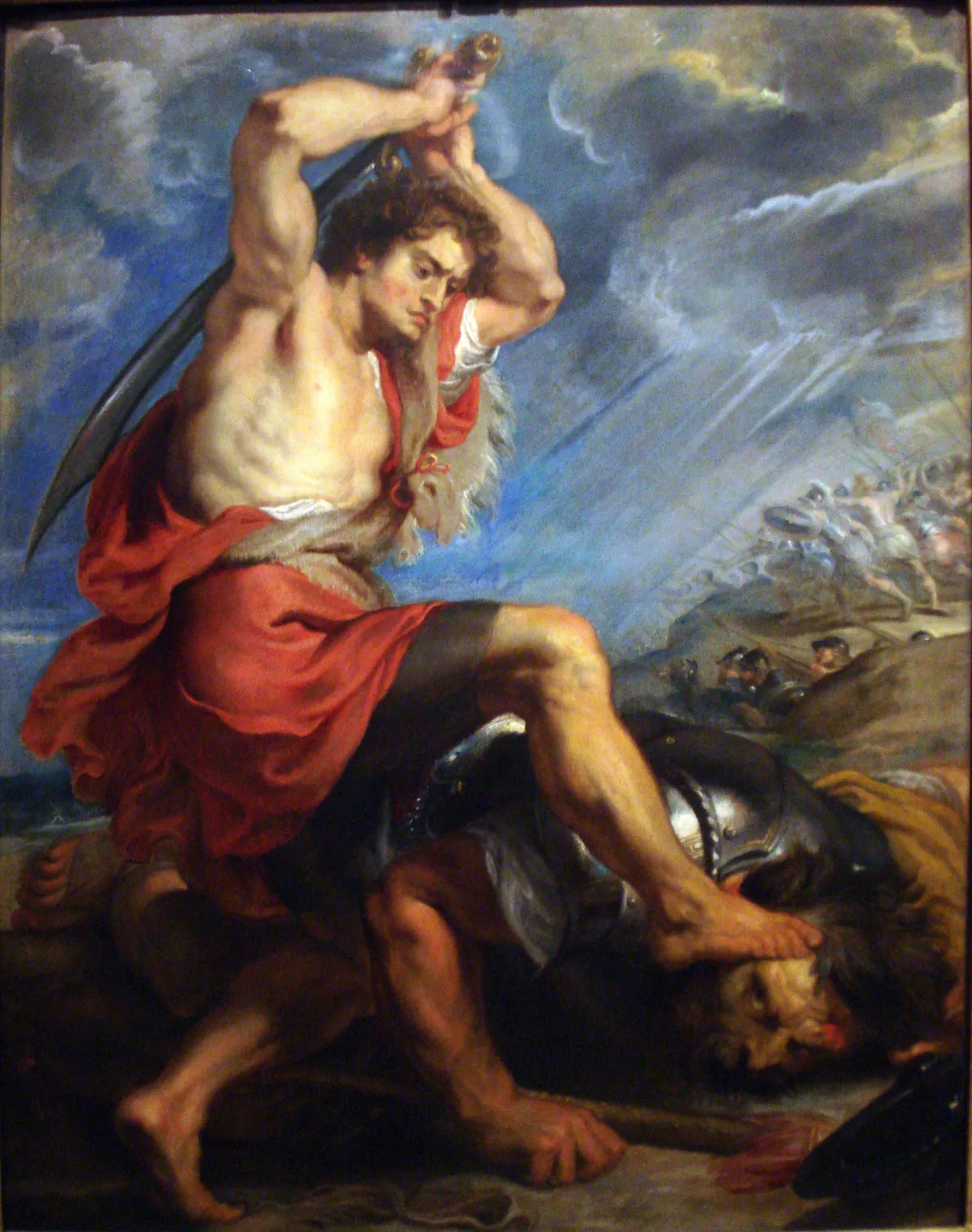 Peter Paul Rubens, David Slaying Goliath, a muscular David astride the giant raising a sword to behead him