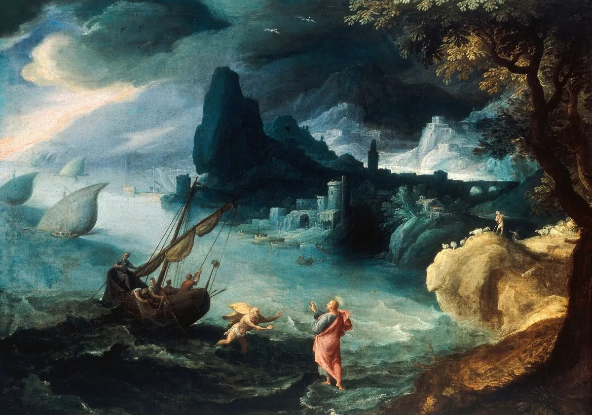 Paul Bril, Christ Walking on the Sea of Galilee, a vast stormy seascape with tiny figures of Christ and Peter on the water