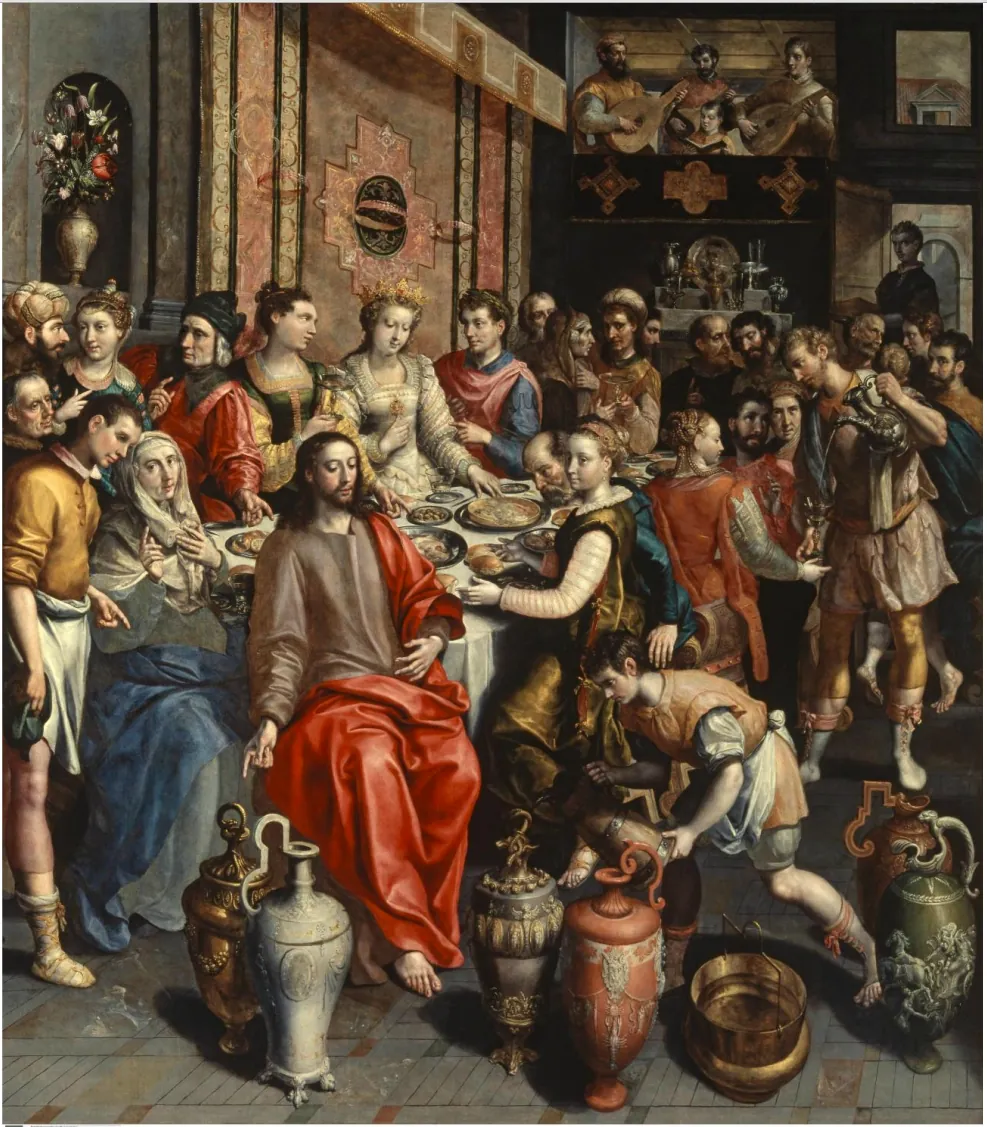 Maerten de Vos, The Marriage at Cana, a rich Flemish banquet with servants filling ornate wine vessels