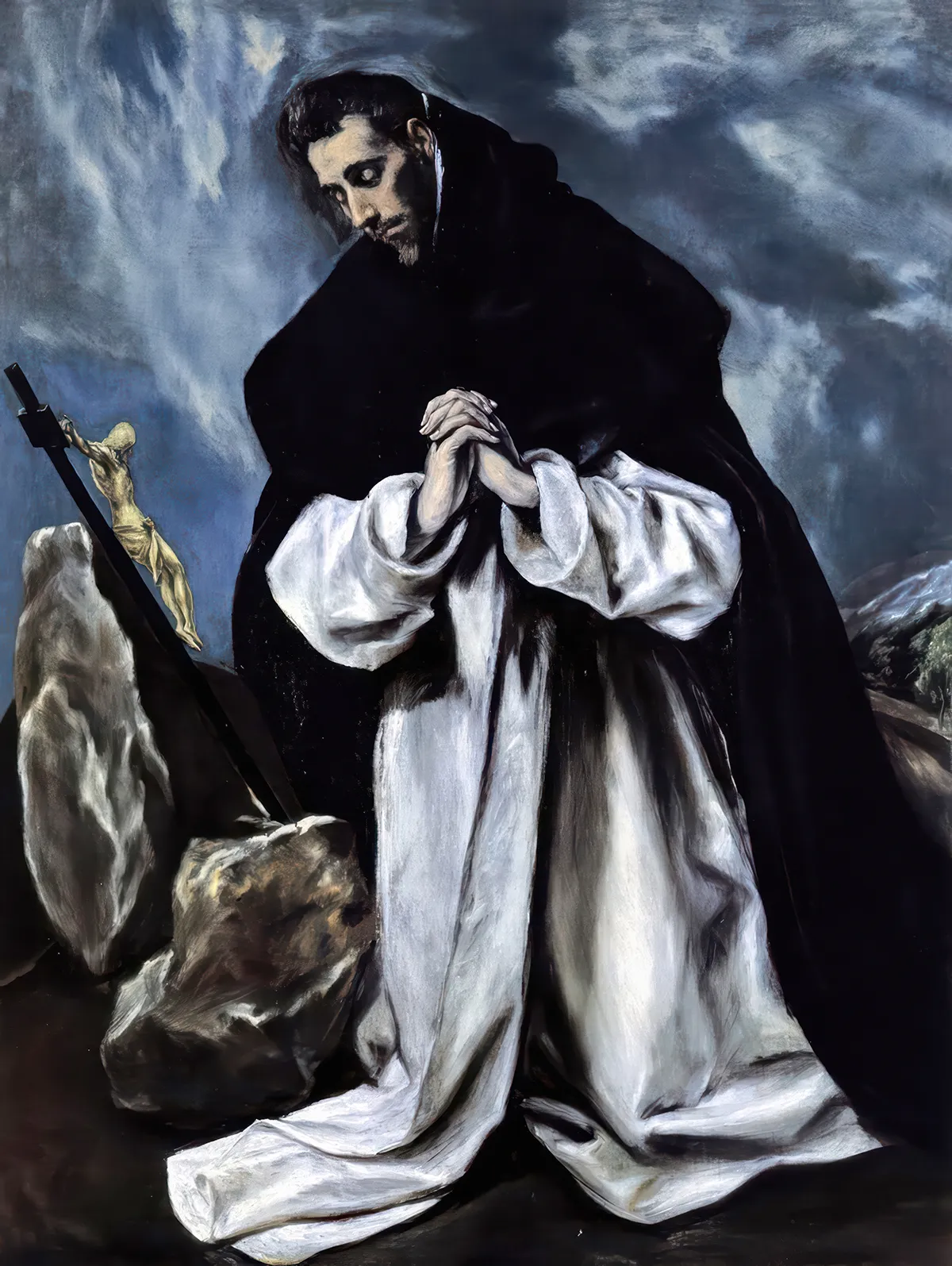 El Greco's Saint Dominic in Prayer, the founder kneeling in a rocky landscape before a small crucifix, hands joined