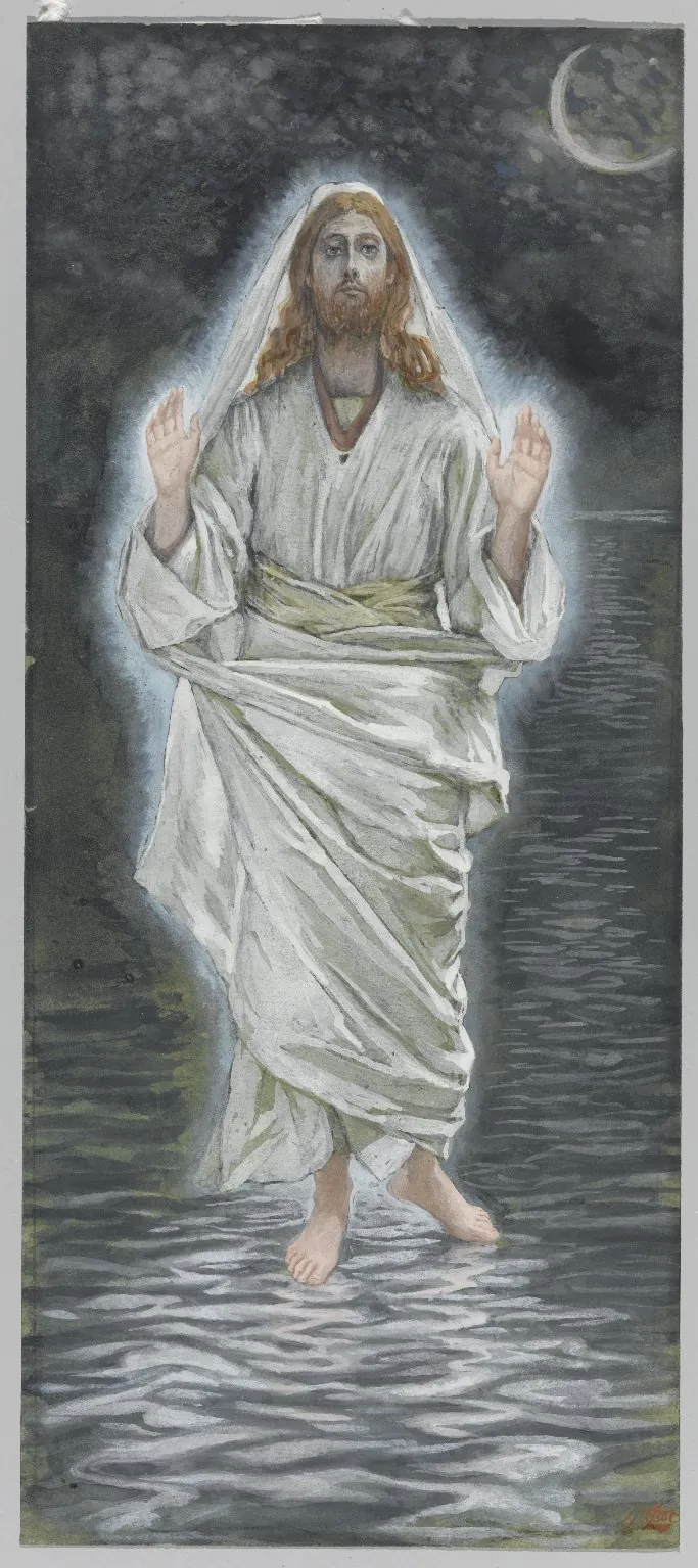 James Tissot, Jesus Walks on the Sea, a luminous white figure of Christ walking on the moonlit water