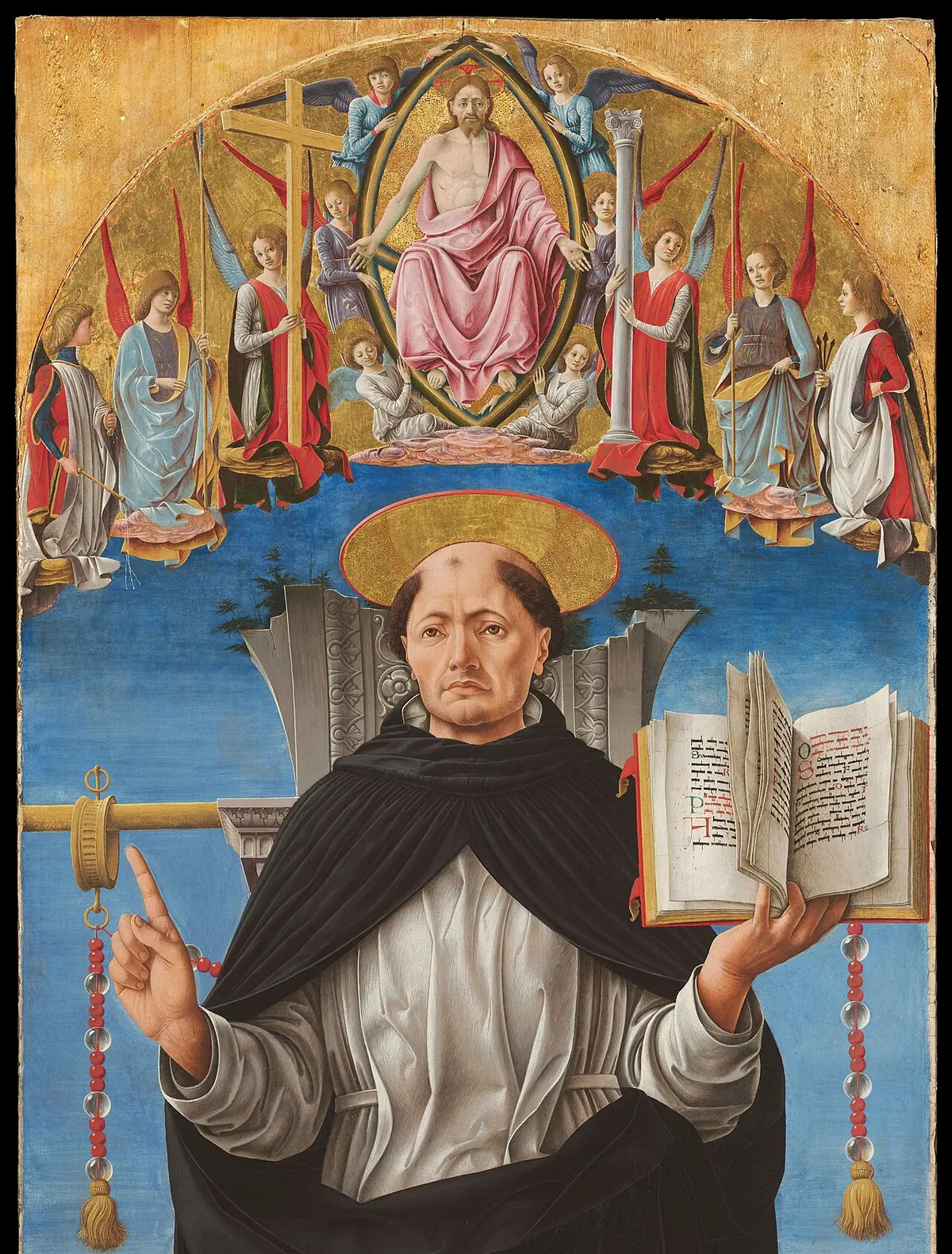 Francesco del Cossa's Saint Vincent Ferrer, the Dominican preacher in black and white habit with a raised finger, under a stone arch