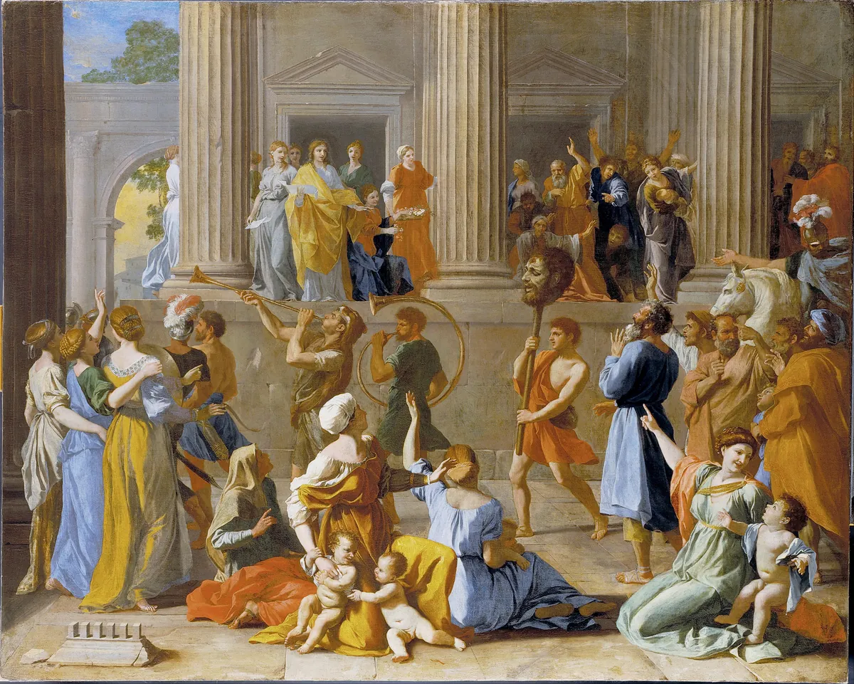 Nicolas Poussin, The Triumph of David, David carrying Goliath's head in procession with trumpeters and dancing women