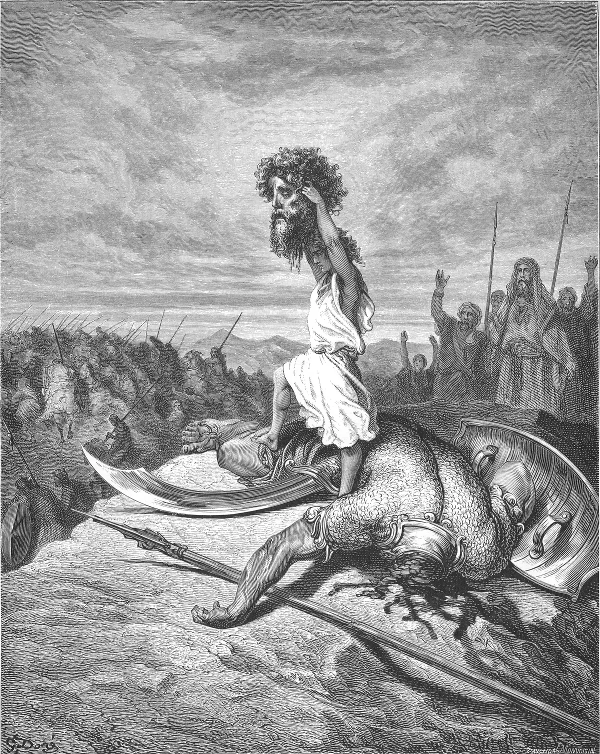 Gustave Doré, David Slays Goliath, an engraving of David standing over the huge fallen giant before the armies