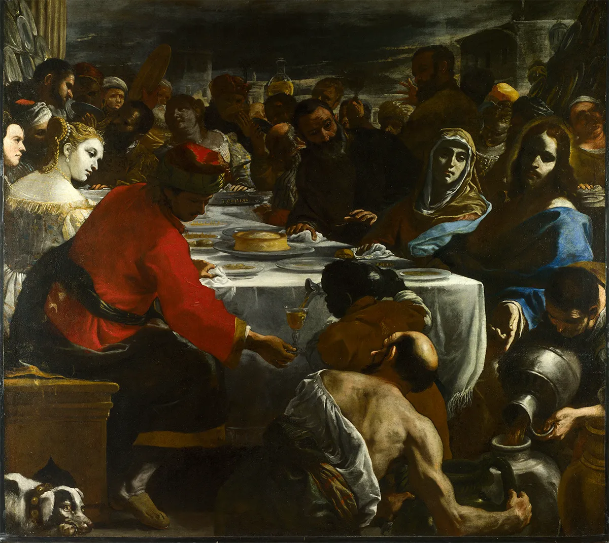Mattia Preti, The Wedding at Cana, a dramatic dark banquet with the steward tasting the new wine