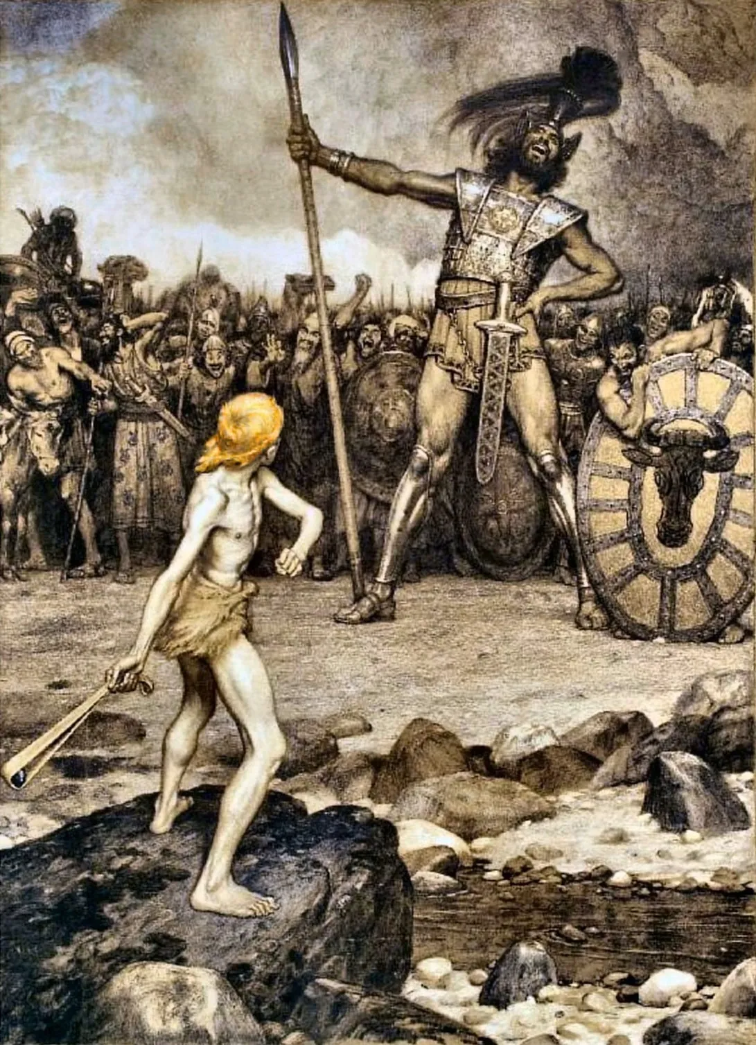 Osmar Schindler, David und Goliath, the young David with his sling facing the towering armoured giant
