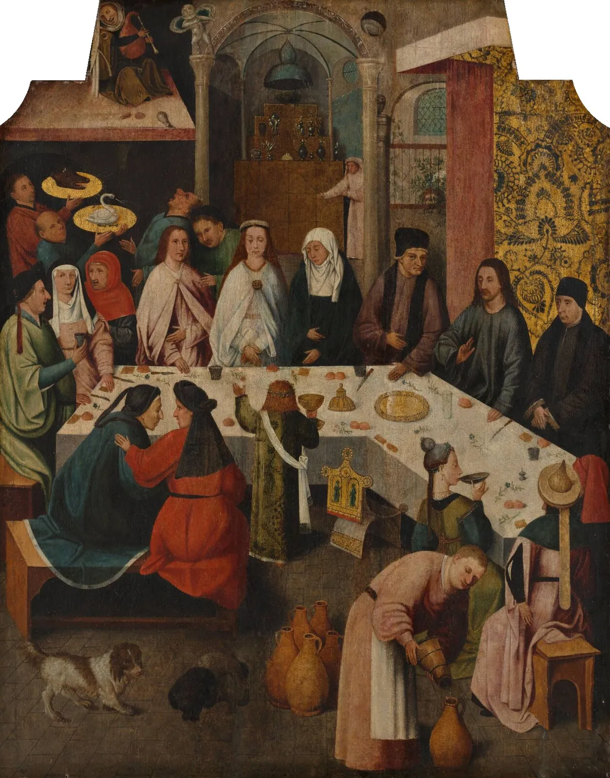The Marriage Feast at Cana after Hieronymus Bosch, a strange crowded banquet with odd ceremonial dishes