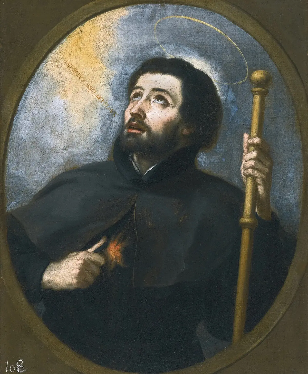 Murillo's Saint Francis Xavier in a black Jesuit cassock and white surplice, holding a crucifix, eyes raised