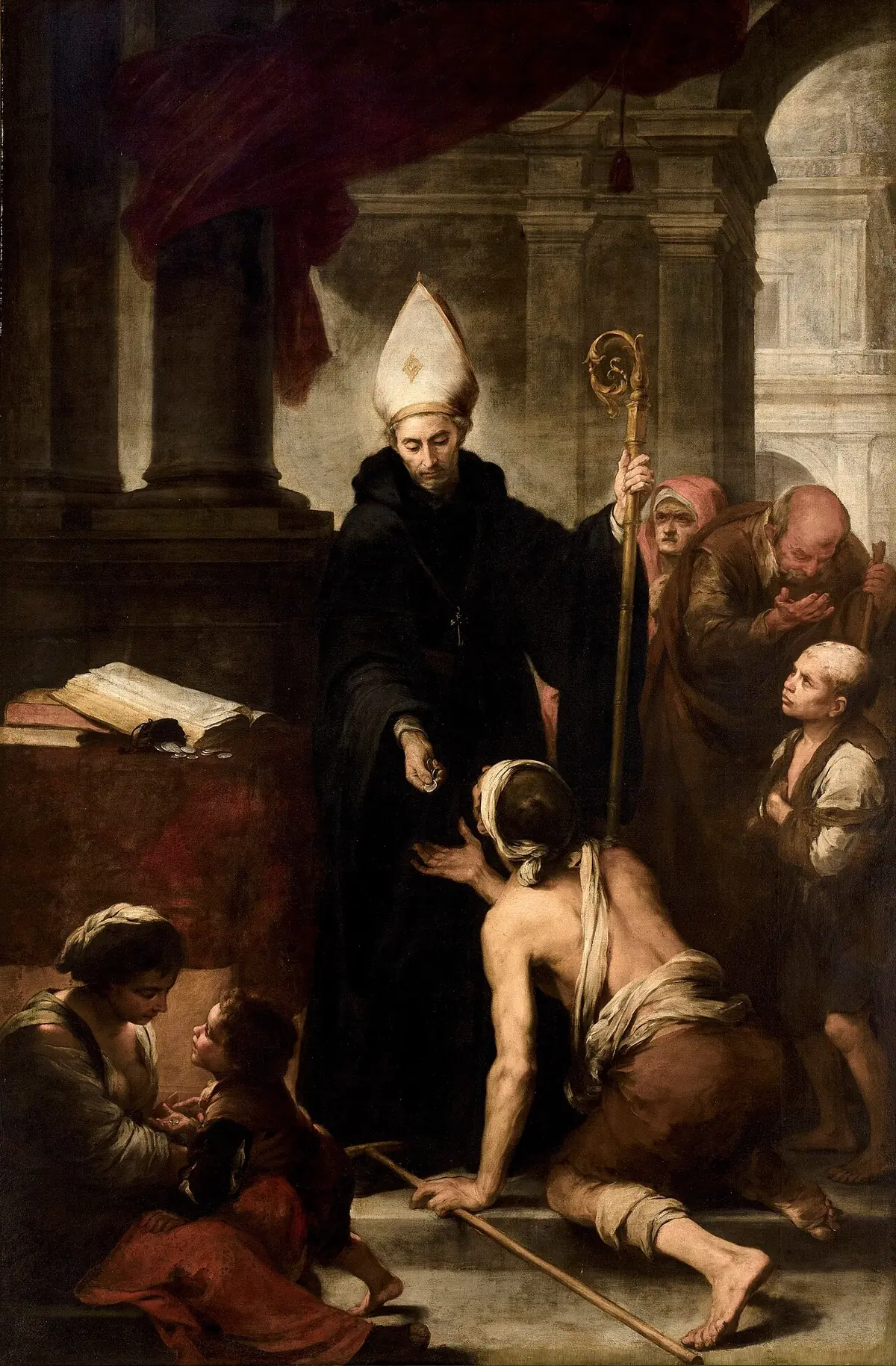 Murillo's Saint Thomas of Villanova Giving Alms, the archbishop placing a coin in a beggar's hand while a mother and child wait at his feet