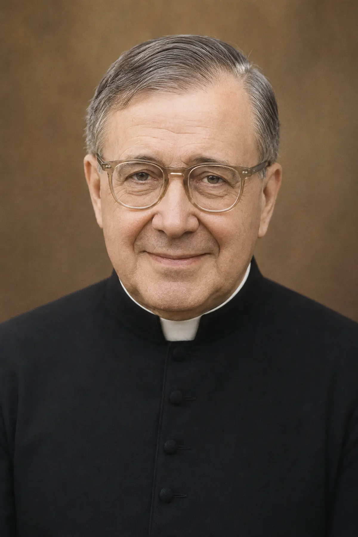 Devotional portrait of Saint Josemaria Escriva in a black cassock, an ageing priest with round glasses and a warm expression
