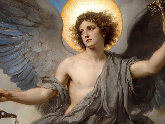The face of Archangel Raguel beneath a golden halo, grey wings spread, the scales of justice at his side