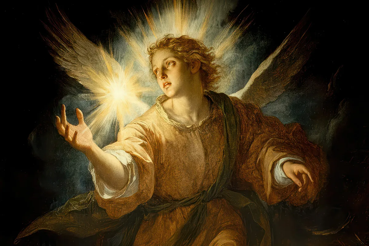 Archangel Remiel in ochre and green robes holding the light of the resurrection, wings spread against a dark ground, Baroque style