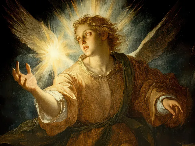 Archangel Remiel with a star of light in his open hand, face raised, wings catching the light in the dark