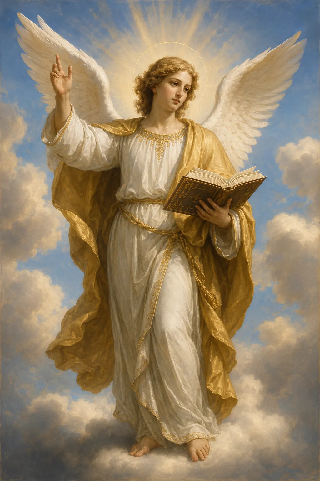 Archangel Remiel standing in the clouds in white and gold robes, an open book in one hand and the other raised, wings outspread
