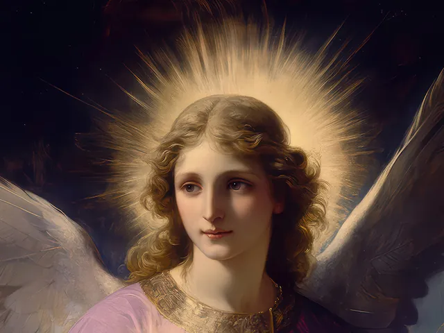 The face of Archangel Zadkiel beneath a radiant golden halo, fair curls and pale wings, in a rose coloured robe