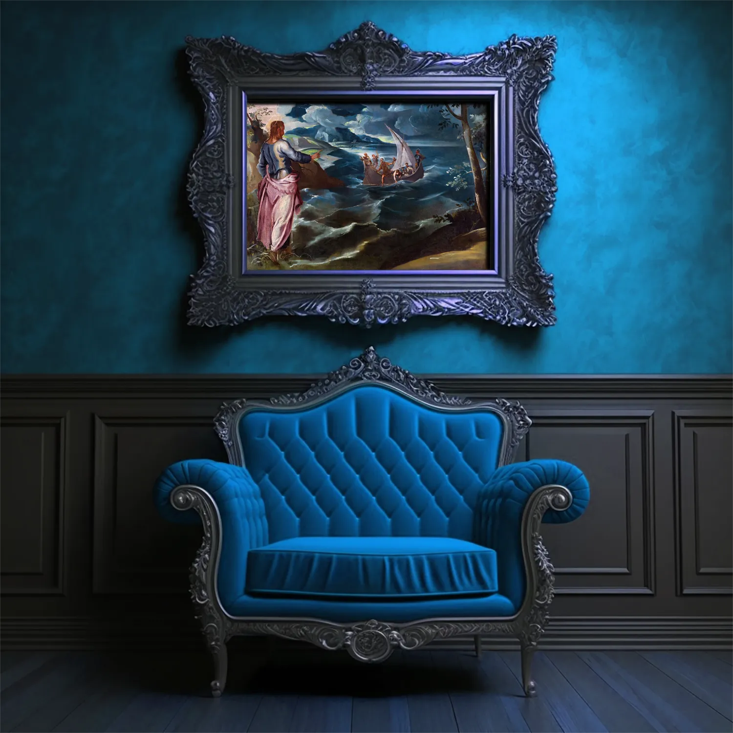 Christ at the Sea of Galilee by Tintoretto canvas reproduction (in a decorated interior)