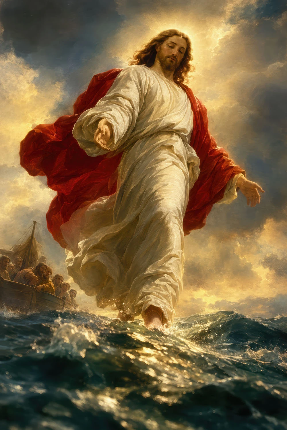 Christ Walking on Water, an original painting by Heathcliff de Clairvaux, Jesus striding across the storm-tossed sea toward the disciples' boat