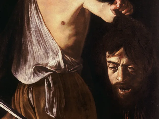 Detail of Caravaggio's David with the Head of Goliath, David holding up the severed head of the giant