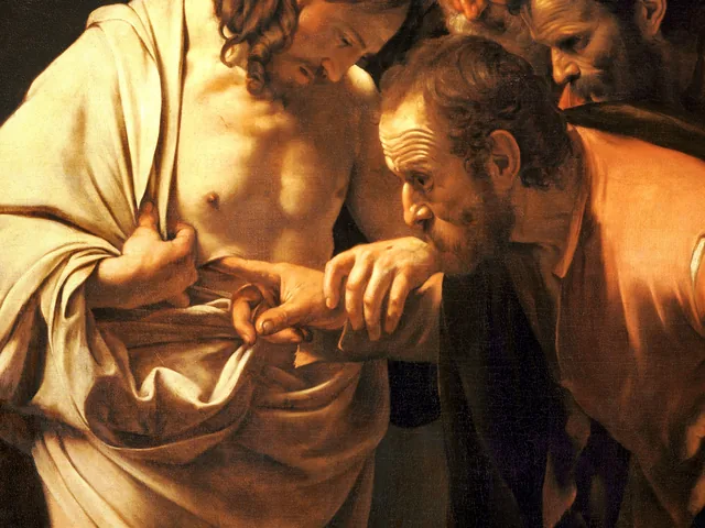 Detail of Caravaggio's Incredulity of Saint Thomas, Thomas placing his finger into the wound in Christ's side