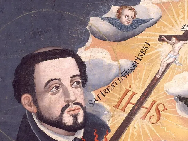 Face of Francis Xavier in a Jesuit cassock, with a crucifix and the IHS monogram