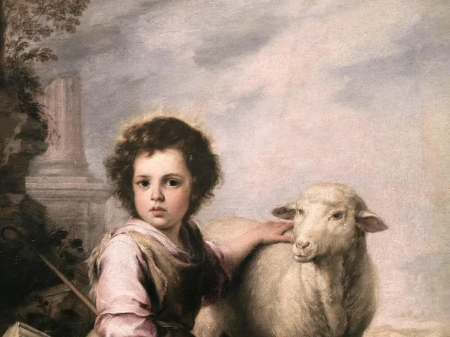 Detail of Murillo's The Good Shepherd, the Christ Child as a young shepherd resting a hand on a lamb