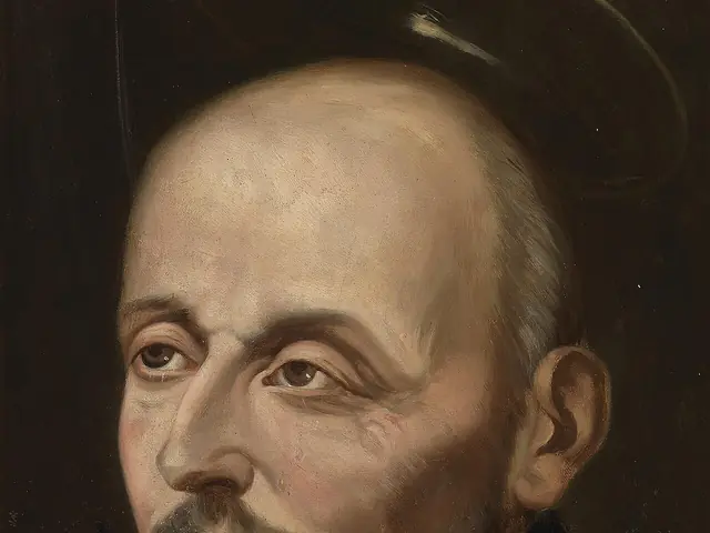 Head of Saint Ignatius of Loyola, bald with a halo, in a black Jesuit cassock