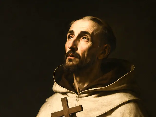 Face of Saint John of the Cross, a Carmelite friar looking upward, holding a wooden cross