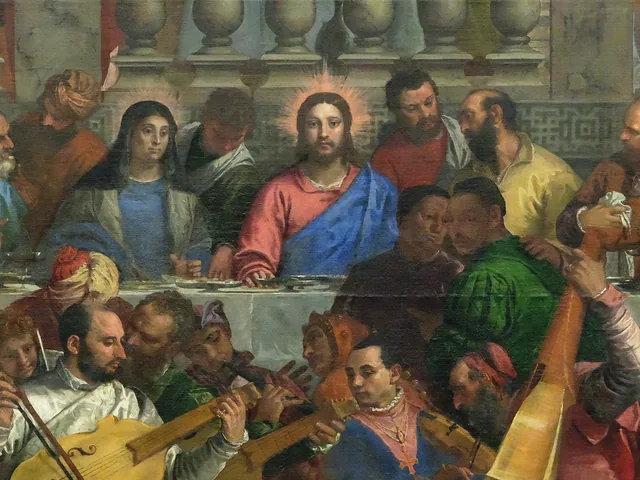 Detail of Christ haloed at the centre of Paolo Veronese's The Wedding at Cana, the Virgin Mary beside him