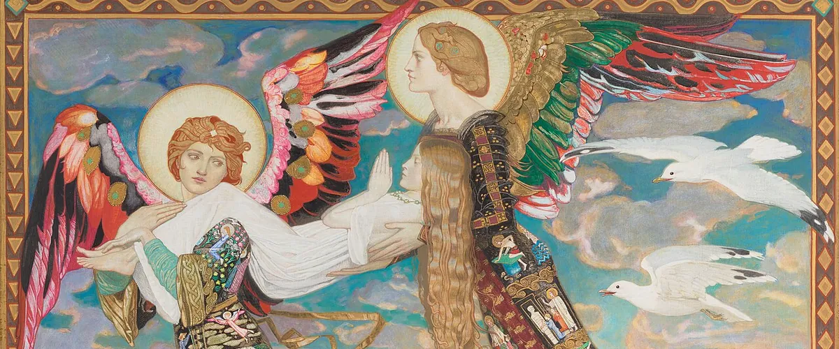 Two winged angels in embroidered robes carry Saint Brigid over the sea while seagulls fly beside them
