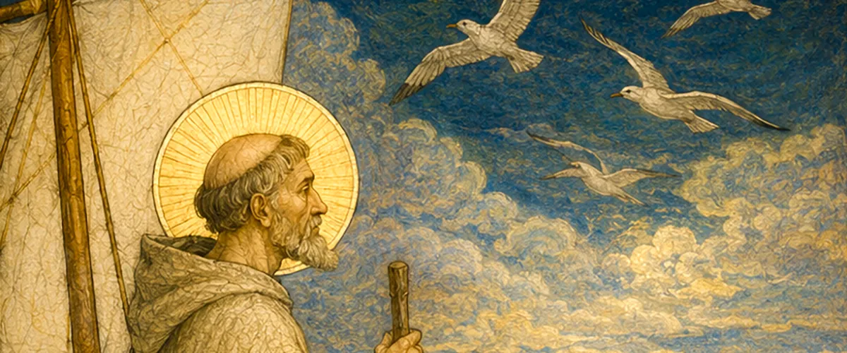 Saint Brendan with a gold halo at the prow of his leather boat, the sail behind him and five seabirds crossing a blue and gold sky