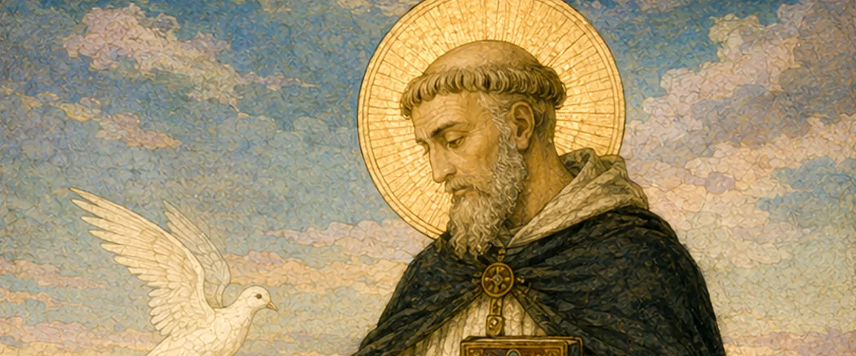 Saint Columba with a gold halo and a Celtic tonsure, a white dove alighting on his open hand, a jewelled book held against his chest