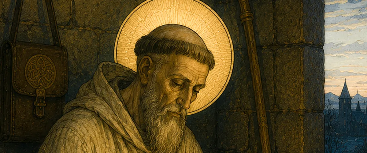 Saint Columbanus in a pale habit bent over his writing in a stone cell, a gold halo behind him, a leather book satchel on the wall and a cold dawn at the window