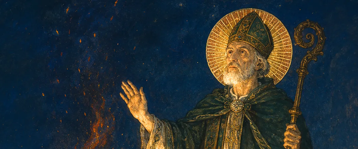 Saint Patrick in a green cope and gold mitre raising his hand beside a fire on a dark hillside, sparks rising into a deep blue night sky