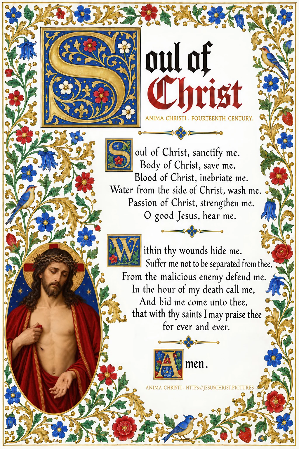 Anima Christi prayer card with the full text, an illuminated initial S and a medallion of Christ showing his wounds