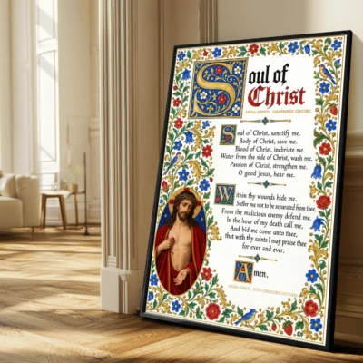 Anima Christi Prayer Poster giclée fine art print (in a sunlit living room)