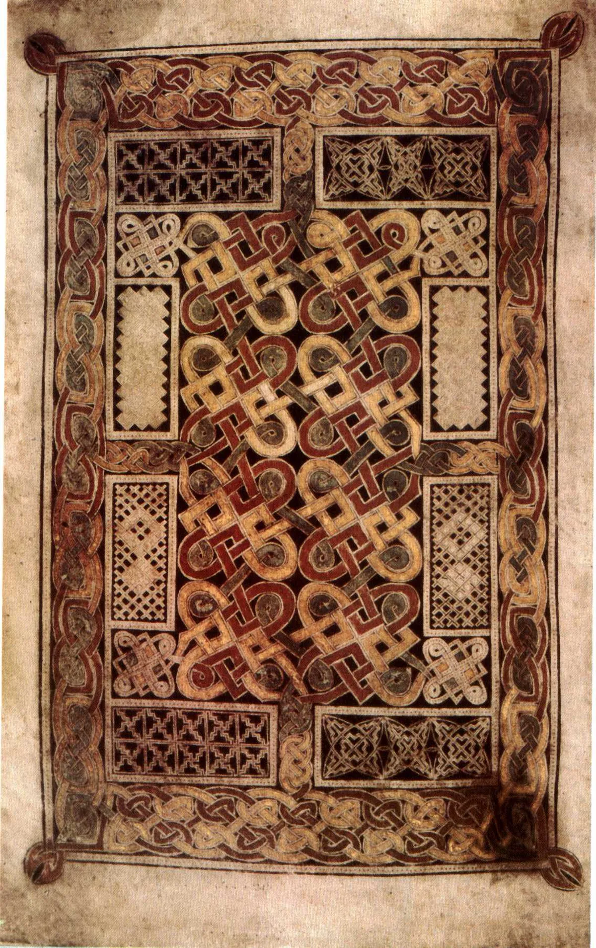 Carpet page from the Book of Durrow, interlaced ribbon animals inside a rectangular frame on vellum