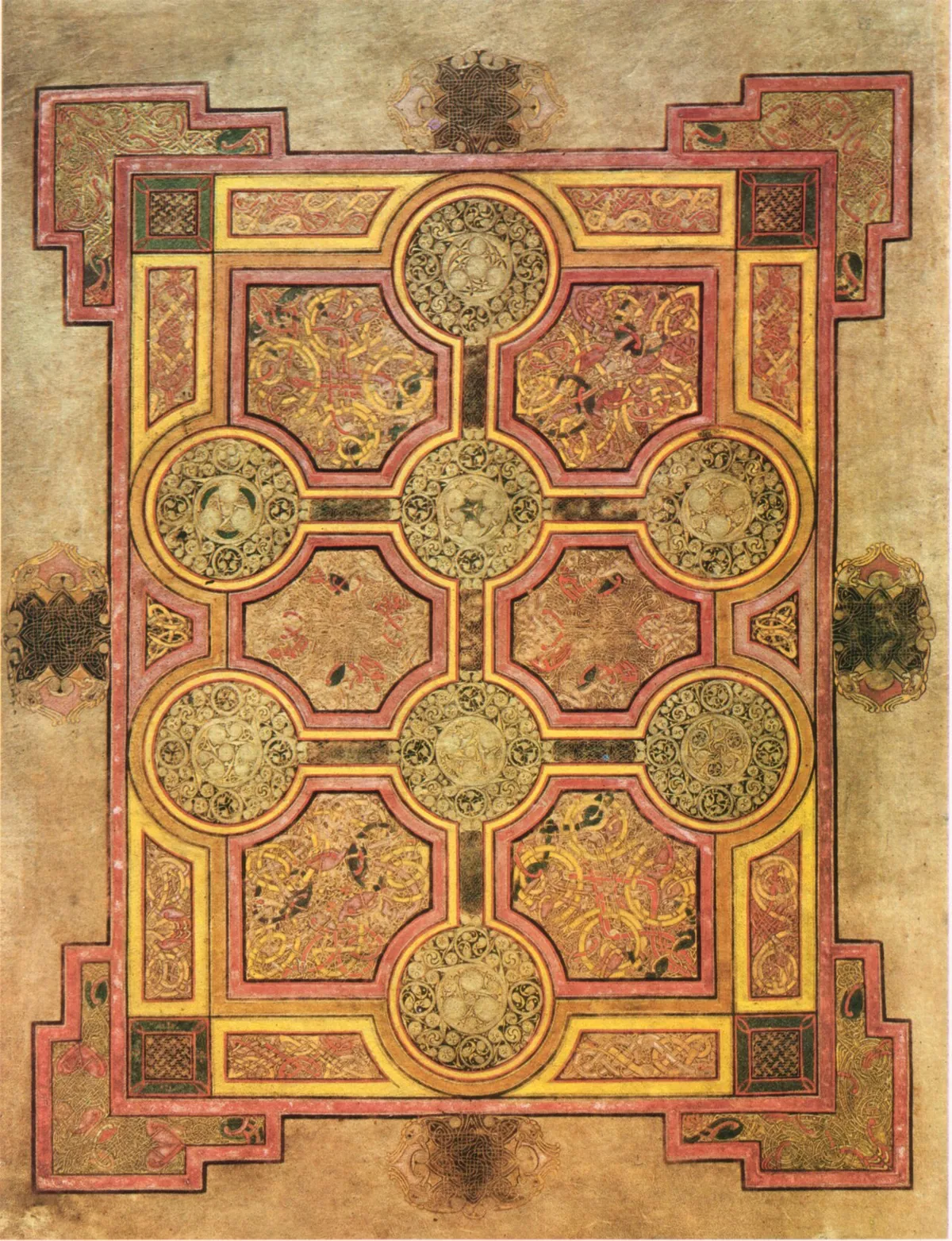The carpet page of the Book of Kells, an entire page of interlocking circles, octagons and animal interlace in gold, red and green