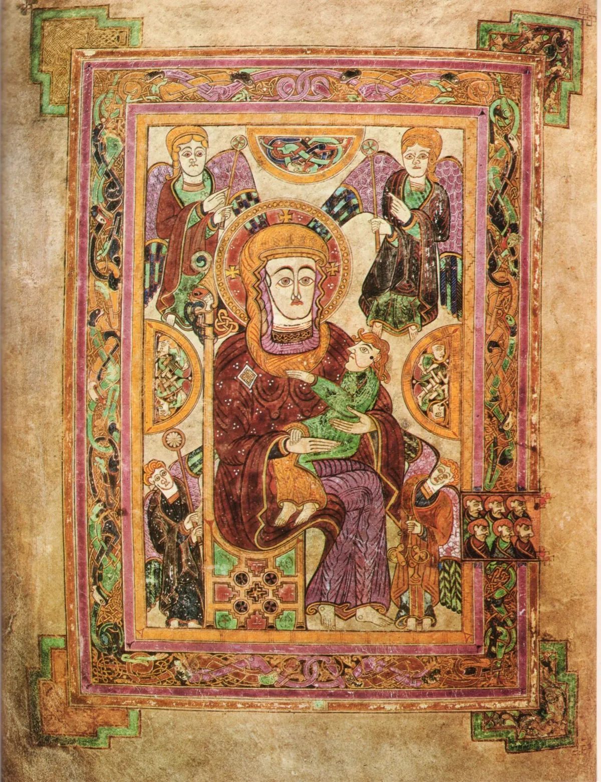 The Virgin and Child page of the Book of Kells, the seated Virgin holding the Christ Child, surrounded by four angels and an interlace border