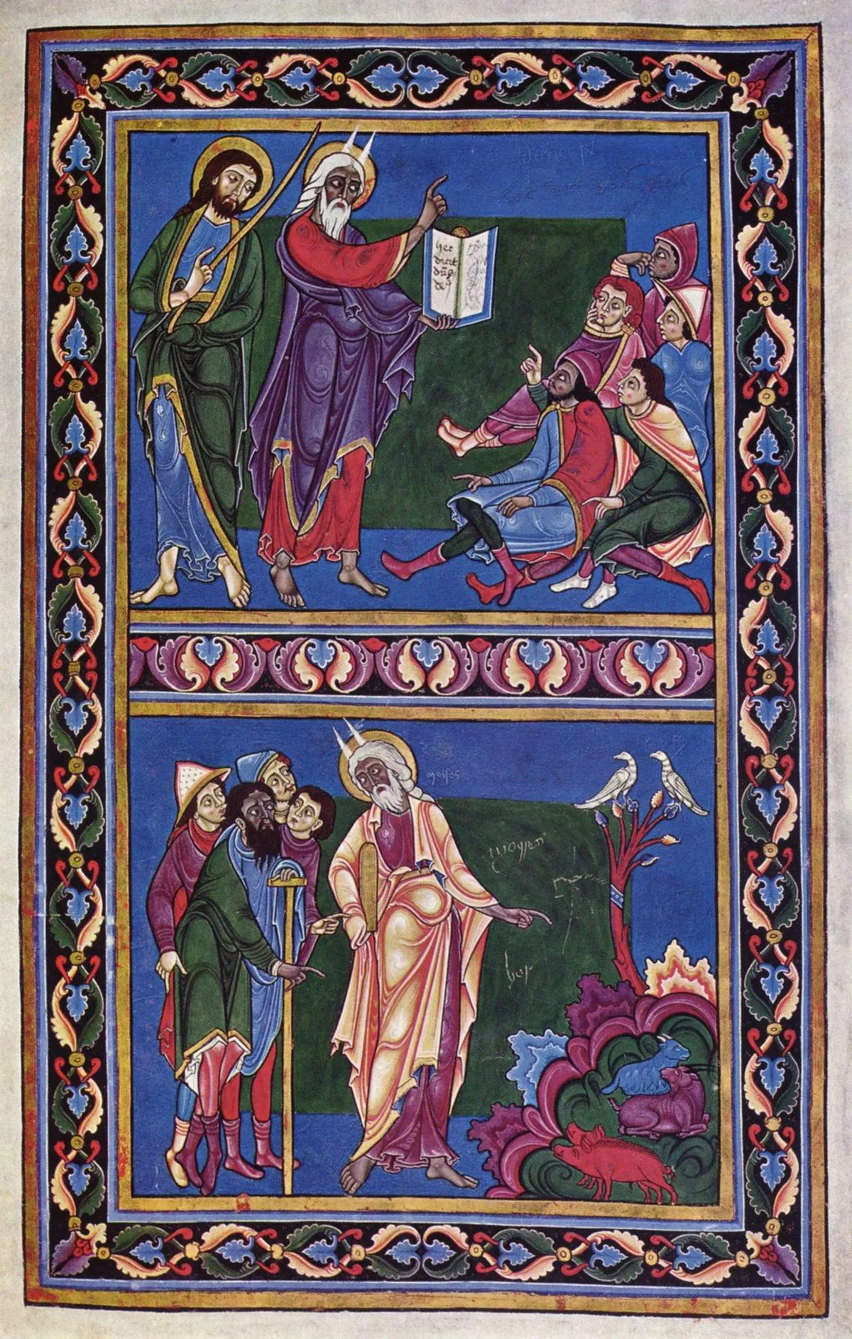 Page from the Bury Bible by Master Hugo, Moses and Aaron addressing the Israelites in two registers inside an acanthus border