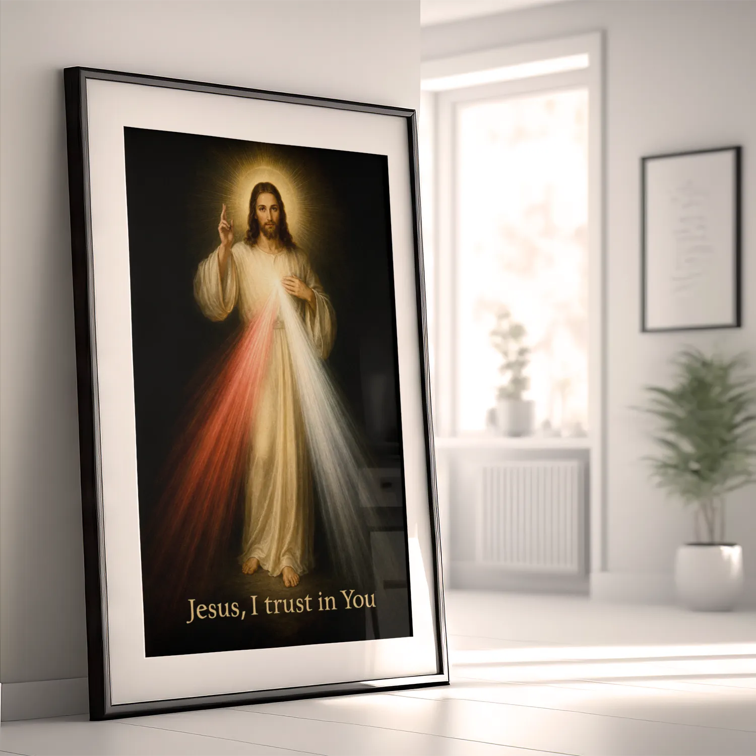 Divine Mercy giclée fine art print (framed in a bright modern room)