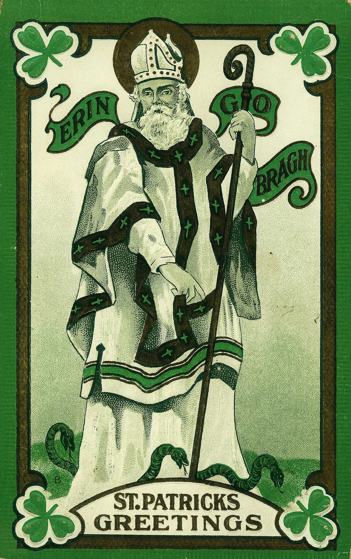 Chromolithograph greeting card showing Saint Patrick in green vestments with shamrocks, a harp and an Irish landscape