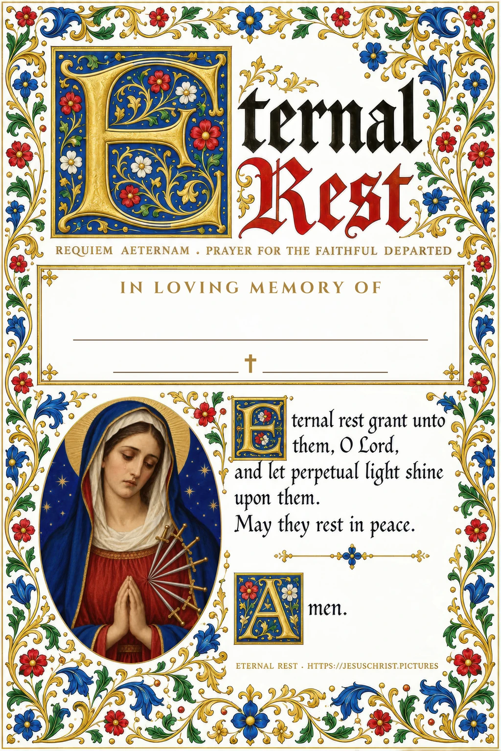 Eternal Rest memorial card, free printable Catholic funeral prayer card with Our Lady of Sorrows