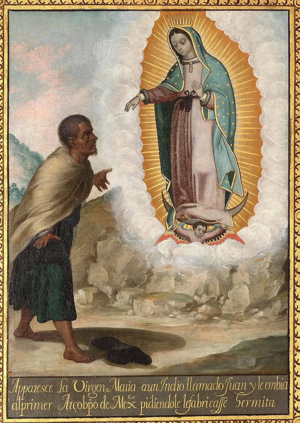 The first apparition of Our Lady of Guadalupe to Juan Diego on the hill of Tepeyac, detail of a painting by José Juárez, 1656