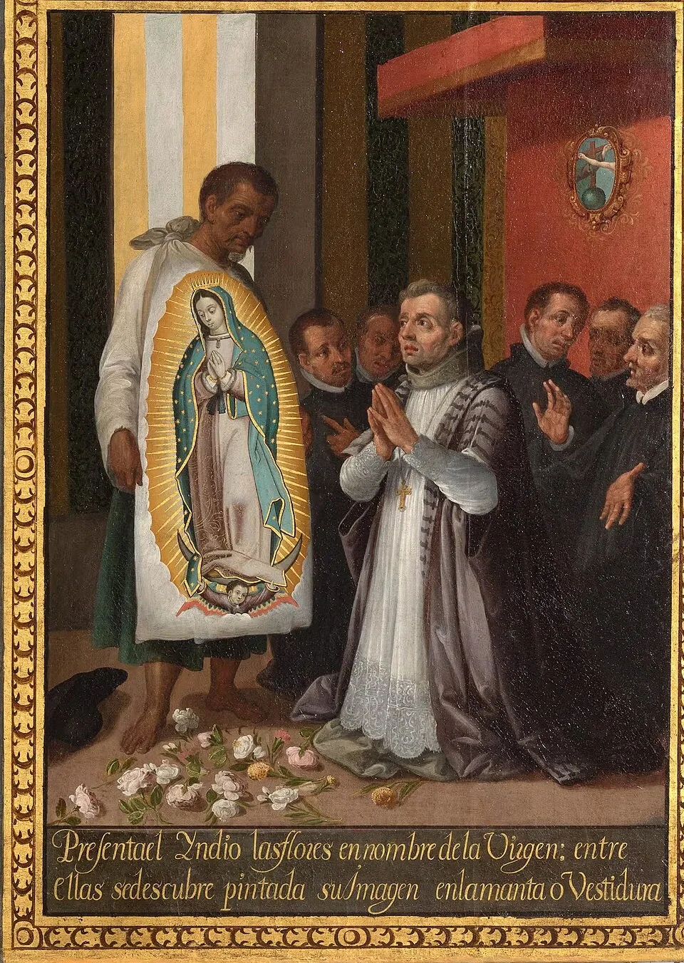 Juan Diego opens his tilma before Bishop Zumárraga and the image of Our Lady of Guadalupe appears, detail of a painting by José Juárez, 1656